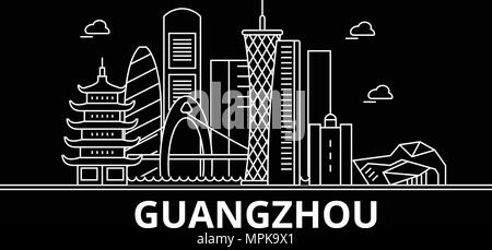 Skyline silhouette de Guangzhou. Chine - Canton ville, vecteur linéaire chinois, l'architecture des bâtiments. Guangzhou billet d'illustration, les grandes lignes de repère. Chine télévision icône, bannière en ligne chinois Illustration de Vecteur