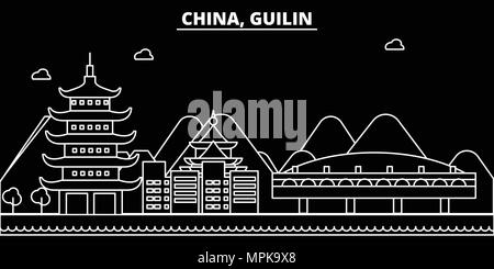 Skyline silhouette de Guilin. Chine - Guilin, ville vecteur linéaire chinois, l'architecture des bâtiments. Guilin billet d'illustration, les grandes lignes de repère. Chine télévision icône, bannière en ligne chinois Illustration de Vecteur