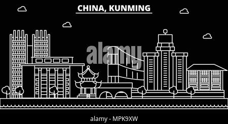 Skyline silhouette de Kunming. Chine - Kunming ville vecteur linéaire, chinois, l'architecture des bâtiments. Kunming billet d'illustration, les grandes lignes de repère. Chine télévision icône, bannière en ligne chinois Illustration de Vecteur