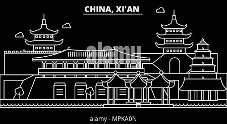 Xian ossature d'horizon. Chine - Xian, ville vecteur linéaire chinois, l'architecture des bâtiments. Xian billet d'illustration, les grandes lignes de repère. Chine télévision icône, bannière en ligne chinois Illustration de Vecteur