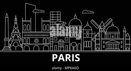 Paris silhouette d'horizon. France - Paris, ville vecteur linéaire, les bâtiments de l'architecture française. Paris billet d'illustration, les grandes lignes de repère. France télévision icône, bannière en ligne français Illustration de Vecteur