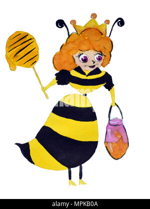 Aquarelle Funny bee en vol dans des chaussures isolé sur fond blanc avec du miel Banque D'Images
