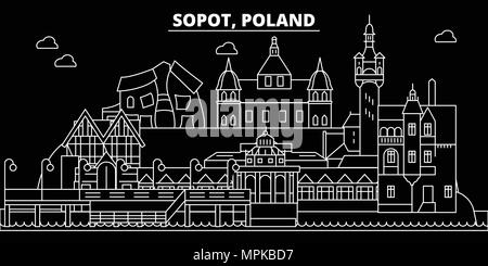 Skyline silhouette de Sopot. Pologne - Sopot, ville vecteur linéaire polonaise, l'architecture des bâtiments. Illustration de voyage Sopot, contours de repère. Pologne télévision icône, bannière ligne polonais Illustration de Vecteur