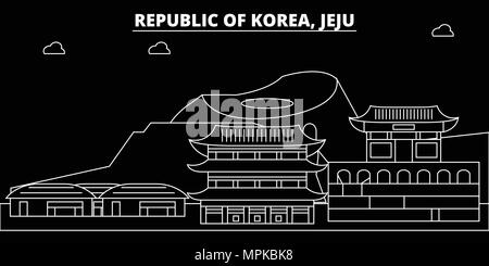 Skyline silhouette de Jeju. Corée du Sud - vecteur de Jeju city, le coréen, l'architecture linéaire des bâtiments. Illustration de voyage Jeju, contours de repère. La Corée du Sud, l'icône plate ligne coréen banner Illustration de Vecteur