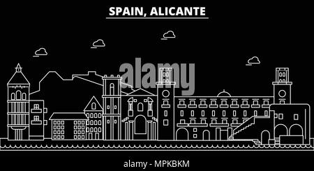 Skyline silhouette d'Alicante. Espagne - Alicante ville vecteur linéaire, l'espagnol, l'architecture des bâtiments. Alicante billet d'illustration, les grandes lignes de repère. Espagne télévision icône, bannière ligne espagnol Illustration de Vecteur