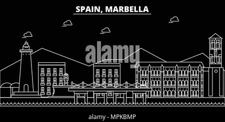 Skyline silhouette de Marbella. Espagne - Marbella ville vecteur linéaire, l'espagnol, l'architecture des bâtiments. Marbella billet d'illustration, les grandes lignes de repère. Espagne télévision icône, bannière ligne espagnol Illustration de Vecteur