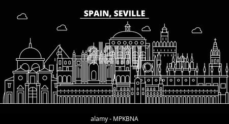 Skyline silhouette de Séville. Espagne - Séville, ville vecteur linéaire espagnol, l'architecture des bâtiments. Séville billet d'illustration, les grandes lignes de repère. Espagne télévision icône, bannière ligne espagnol Illustration de Vecteur