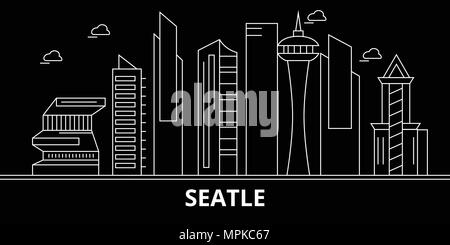 Seattle City skyline silhouette. USA - Seattle City vector city, american architecture linéaire, les bâtiments. Seattle City billet d'illustration, les grandes lignes de repère. USA télévision icônes, american line banner Illustration de Vecteur