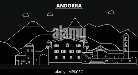 Andorre ossature d'horizon. Andorre Andorre vecteur ville, l'architecture linéaire, les bâtiments, l'illustration de voyages en ligne, des repères, télévision, icônes contour andorran bannière design Illustration de Vecteur