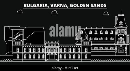 Varna, Golden Sands skyline silhouette. Bulgarie - Varna, Golden Sands, ville vecteur linéaire bulgare, l'architecture des bâtiments. Golden Sands, Varna billet d'illustration, les grandes lignes de repère. Illustration de Vecteur