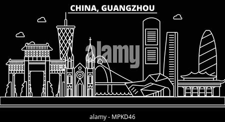 Skyline silhouette de Guangzhou. Chine - Canton ville, vecteur linéaire chinois, l'architecture des bâtiments. Guangzhou billet d'illustration, les grandes lignes de repère. Chine télévision icône, bannière en ligne chinois Illustration de Vecteur