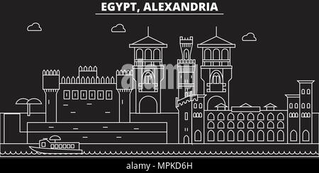 Silhouette d'Alexandrie d'horizon. Egypte - Alexandrie, ville vecteur linéaire égyptien, de l'architecture des bâtiments. Ligne d'alexandrie billet d'illustration, de repère. L'Égypte télévision icône, bannière conception contour égyptien Illustration de Vecteur