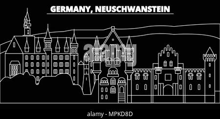 Skyline de Neuschwanstein. Allemagne - vecteur de Neuschwanstein, ville, l'architecture linéaire allemand bâtiments. Voyage Neuschwanstein illustration, contours de repère. L'Allemagne, l'icône plate ligne allemande banner Illustration de Vecteur