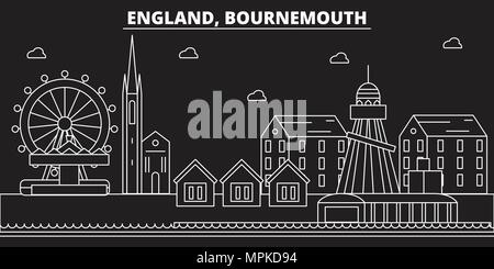 Skyline silhouette de Bournemouth. Grande-bretagne - vecteur de Bournemouth, ville d'architecture linéaire britannique. Bournemouth Travel illustration, contours de repère. Grande Bretagne télévision icône, la bannière en ligne Illustration de Vecteur