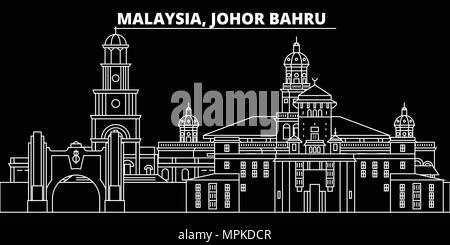 Skyline silhouette de Johor Bahru. Malaisie - vecteur de Johor Bahru, la ville architecture linéaire de Malaisie. Illustration de voyage Johor Bahru, contours de repère. La Malaisie, Malaysian icônes télévision bannière en ligne Illustration de Vecteur