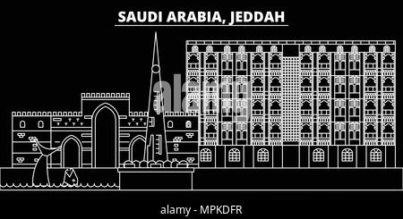 Skyline silhouette de Jeddah. L'Arabie saoudite - DJEDDAH Arabie saoudite, ville vecteur architecture linéaire. Jeddah billet d'illustration, les grandes lignes de repère. L'Arabie Saoudite Arabie saoudite télévision icônes, bannières en ligne Illustration de Vecteur