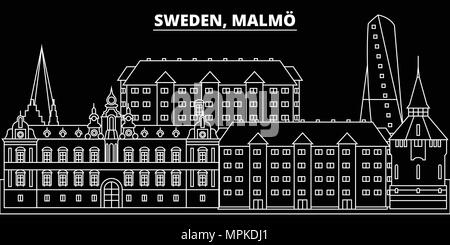 Skyline silhouette de Malmö. Suède - Stockholm, ville vecteur linéaire suédois, l'architecture des bâtiments. Ligne Malmo billet illustration, de repère. La Suède télévision icônes, bannières conception contour suédois Illustration de Vecteur