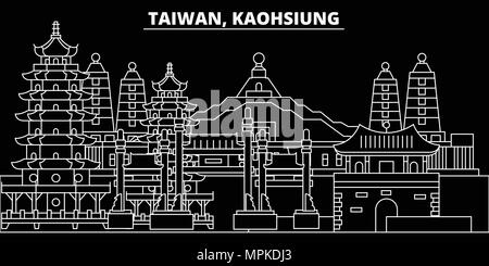 Skyline silhouette de Kaohsiung. Taiwan - Kaohsiung city, vecteur linéaire taïwanais de l'architecture. Ligne de Kaohsiung billet illustration, de repère. Taiwan télévision icônes, contours taïwanais bannière design Illustration de Vecteur