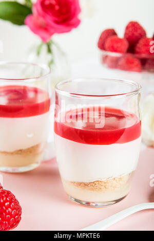 Dessert de Framboise crème fouettée mousse au chocolat blanc, purée de framboises comme de la gelée, et la base de biscuits aux amandes, fond clair Banque D'Images