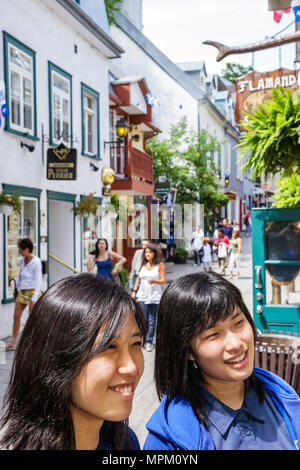 Canada,canadien,province de Québec,langue française,bilingue,ville de Québec,Basse-ville,rue notre Dame,femme asiatique souriante,femme,étudiant étudiants h Banque D'Images