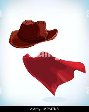 Chapeau de cowboy. Costume mascarade coiffure. Masque de carnaval ou Halloween. Mascot Cartoon illustration vectorielle. Super héros drôles voler avec cape. Illustration de Vecteur