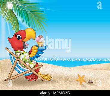 Cartoon macaw assis sur chaise de plage et de manger une glace Illustration de Vecteur