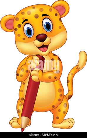 Cartoon leopard holding red pencil Illustration de Vecteur