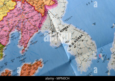 La carte dépliée de la Corée du Nord et du Sud et la Corée La Corée R.O D.P.R Banque D'Images