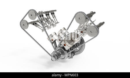 Le rendu 3D d'un moteur à combustion interne. Pièces moteur, vilebrequin, pistons, système d'alimentation en carburant. Les pistons du moteur V6 avec vilebrequin isolé sur blanc Banque D'Images