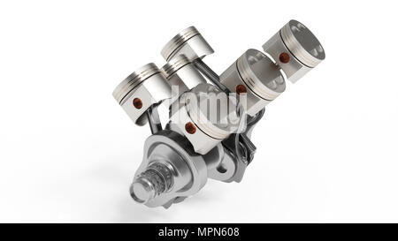 Le rendu 3D d'un moteur à combustion interne. Pièces moteur, vilebrequin, pistons, système d'alimentation en carburant. Les pistons du moteur V6 avec vilebrequin isolé sur blanc Banque D'Images