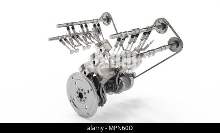 Le rendu 3D d'un moteur à combustion interne. Pièces moteur, vilebrequin, pistons, système d'alimentation en carburant. Les pistons du moteur V6 avec vilebrequin isolé sur blanc Banque D'Images
