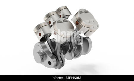 Le rendu 3D d'un moteur à combustion interne. Pièces moteur, vilebrequin, pistons, système d'alimentation en carburant. Les pistons du moteur V6 avec vilebrequin isolé sur blanc Banque D'Images