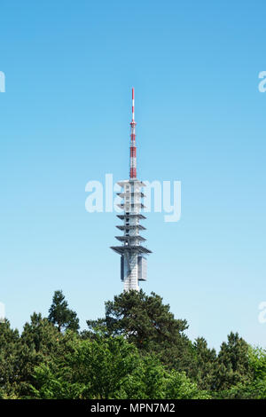 Vue de la cime de la tour de télécommunications pour la télévision par satellite et la transmission radio Banque D'Images