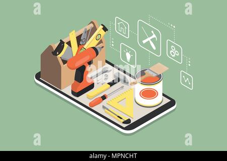 Faire vous-même et de la rénovation domiciliaire app : Boîte à outils et outils sur un smartphone avec des icônes Illustration de Vecteur