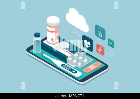 La médecine, les soins de santé et l'application de thérapie : les médicaments sur ordonnance, les premiers secours et l'équipement de diagnostic médical sur un smartphone avec des icônes Illustration de Vecteur