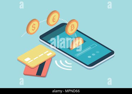 Sûr et facile e-paiements sur smartphone à l'aide d'apps financières et devises internationales : un utilisateur reçoit de l'argent sur son smartphone Illustration de Vecteur