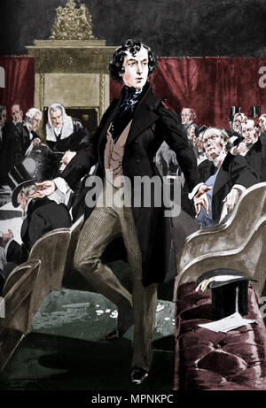 Disraeli's premier discours à la Chambre des communes, 19e siècle (c1905). Artiste : Inconnu. Banque D'Images