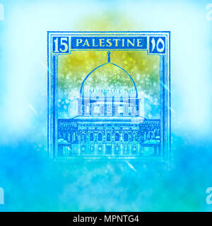 Amélioration de l'image numérique d'une Palestine sous mandat britannique (pré) 1948 stamp. Dôme du rocher bleu Banque D'Images