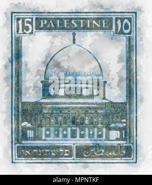 Amélioration de l'image numérique d'une Palestine sous mandat britannique (pré) 1948 stamp. Dôme du rocher bleu Banque D'Images