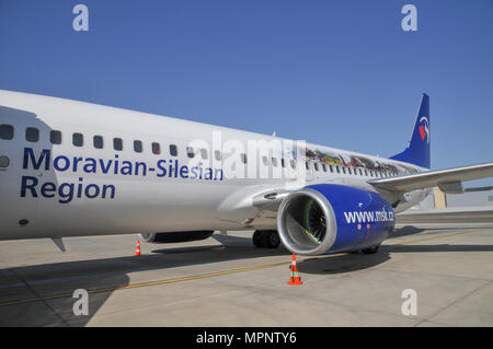 Travel Service Airlines (République tchèque) Boeing 737-800 peints dans 'Moravian-Région de Moravie-Silésie' couleurs spéciales OK-TVO. Photographié à Inter Ben Gourion Banque D'Images