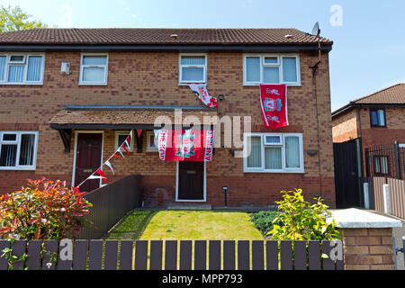 Liverpool, Royaume-Uni. 24 mai, 2018. Liverpool, Merseyside maisons sur décorée de drapeaux et bannières avant la finale de la Ligue des Champions match contre le Real Madrid le samedi 26 mai. Credit : Ken biggs/Alamy Live News. Banque D'Images