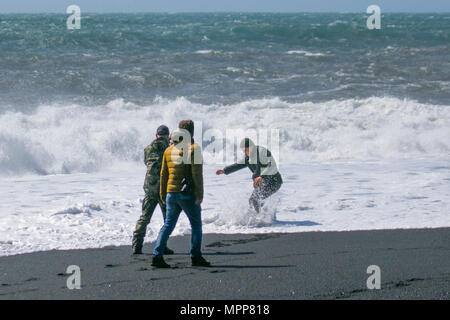 Vík í Mýrdal plage; Reynisfjara plage a des galets noirs, des colonnes de basalte et les formations rocheuses offshore Reynisdrangar. Un village en bord de mer éloigné avec des mers rugueuses, des vagues de rupture et des vents forts. Banque D'Images