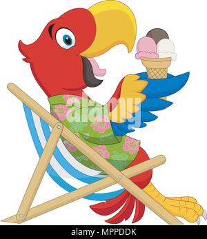 Cartoon macaw assis sur chaise de plage et de manger une glace Illustration de Vecteur