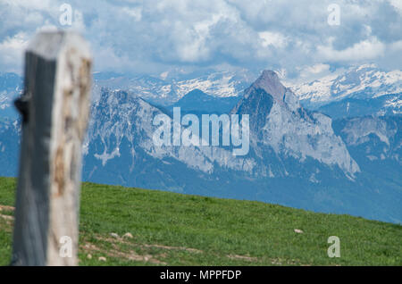 Kleiner et Grosser mythen vus de Mont Rigi avec un pôle hors foyer au premier plan sur un champ vert Banque D'Images