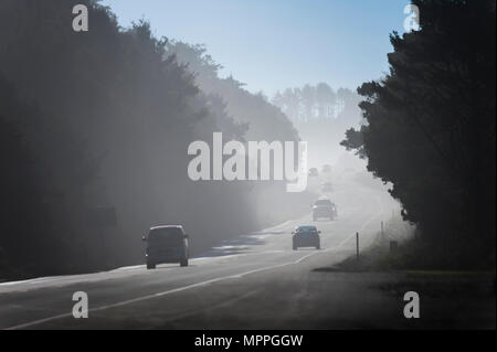 Lincoln City, Oregon, USA - Le 25 janvier 2015 : voitures de route dans le brouillard côtier le long de la route 101 sur la côte de l'Oregon Banque D'Images