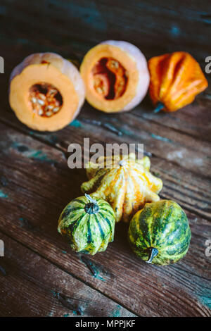 Citrouilles ornementales diverses sur bois Banque D'Images