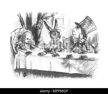 'Alice au Mad Hatter's Tea party', 1889. Artiste : John Tenniel. Banque D'Images