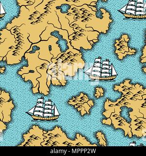 Modèle sans couture avec l'ancienne carte nautique. Les îles, les navires et l'océan. Illustration de Vecteur