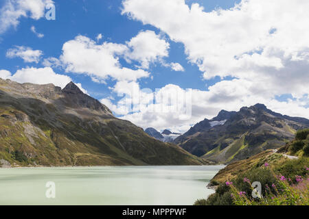 Autriche, Vorarlberg, Alpes, Silvretta barrage au Bielerhöhe, Silvretta-Massif Ochsenthaler avec Piz Buin, Gletscher et petites Piz Buin Banque D'Images