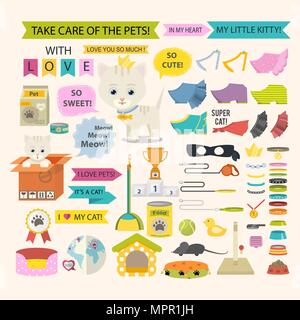 Cat et différents soins des animaux accessoires pour les chats. Illustration de Vecteur